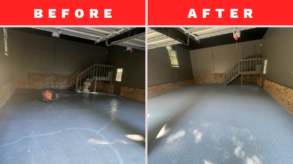 Before and after of a garage epoxy flooring by SouthEnd Painting in Charlotte, NC