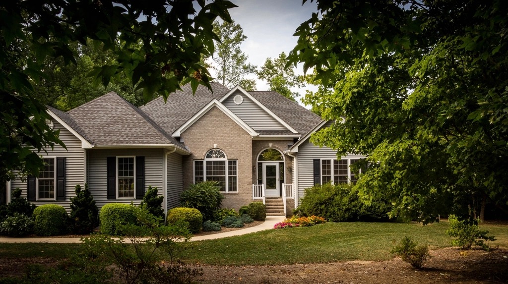 Traditional one-story home with tan brick, light gray siding, white trim and dark shutters behind green shrubs and trees